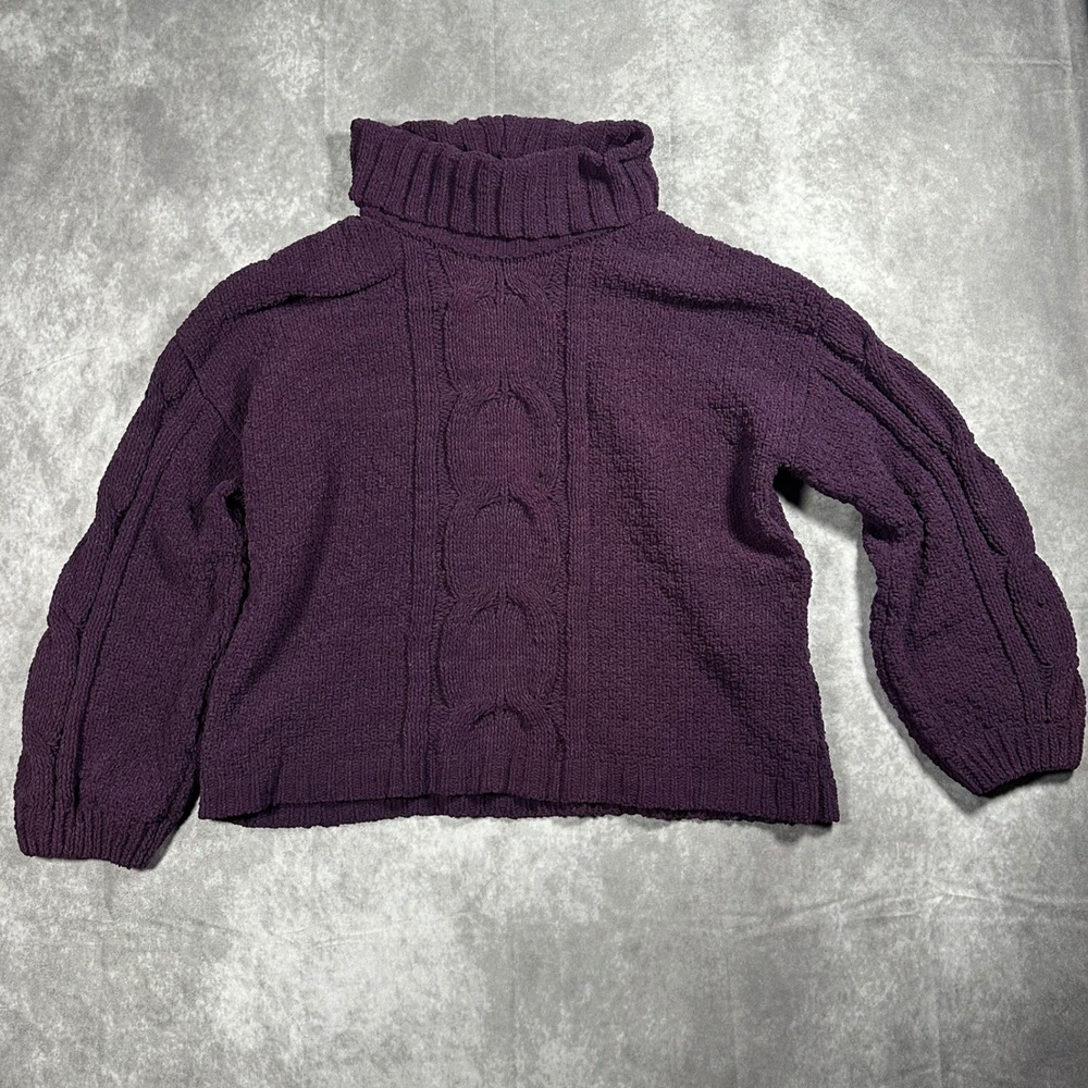 Seven7 Womens Purple Chenille Cable Knit Turtleneck Sweater Large Cozy Soft Fall